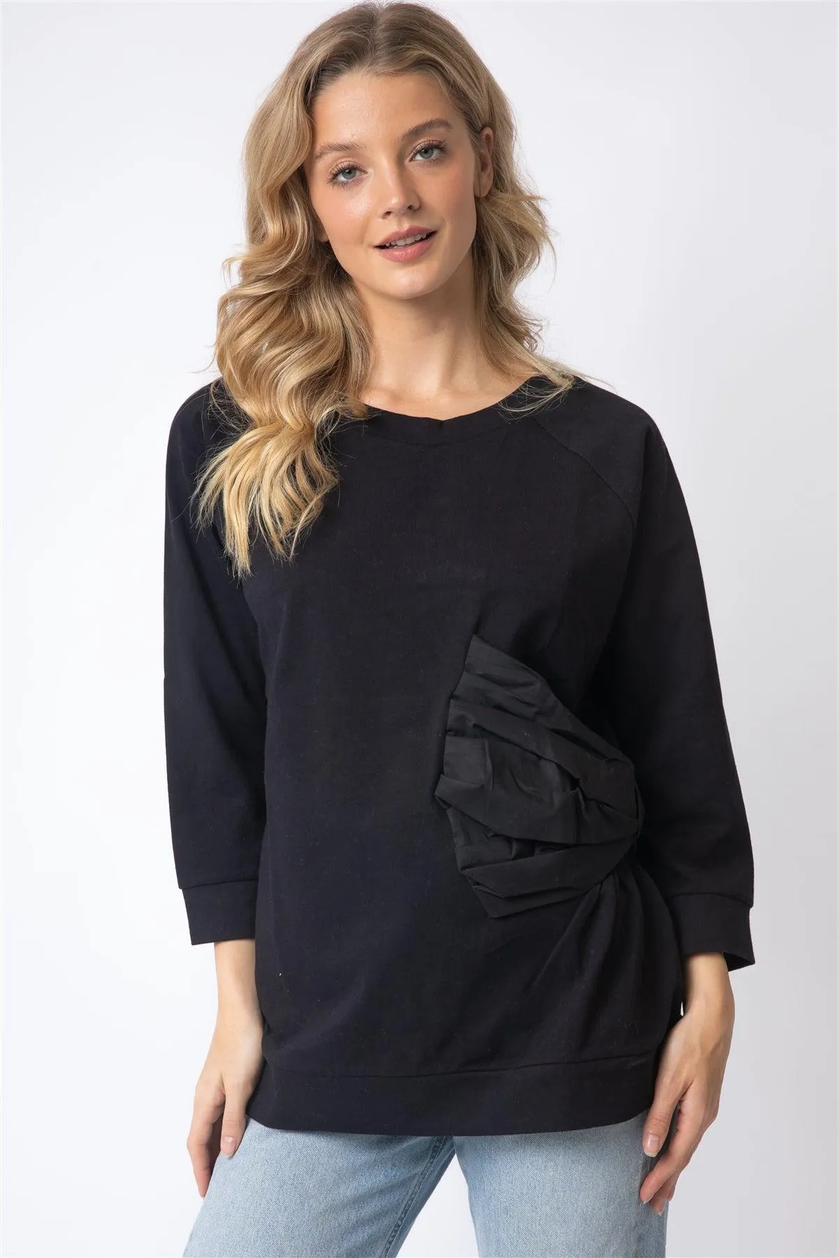 Black Cotton Side Bow Detail Long Sleeve Top /1-1-1