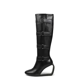 Black Knee-High Multi-Buckle Strap Boots