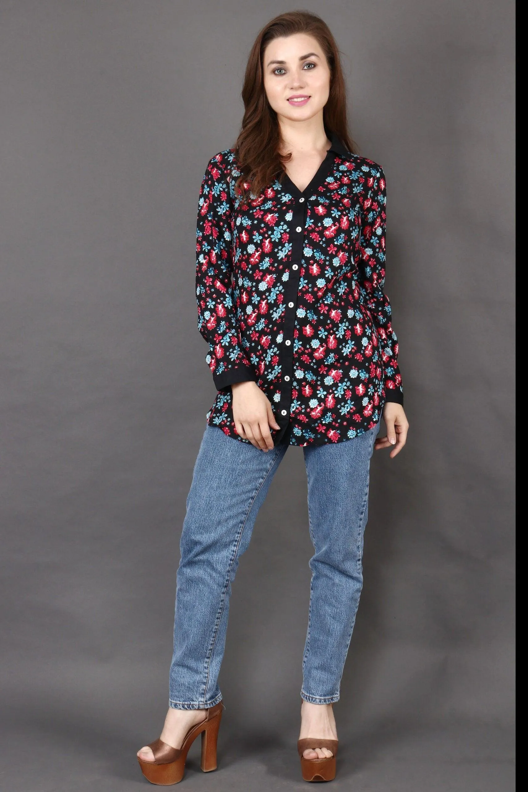 Black Multicolored Floral Printed Shirt