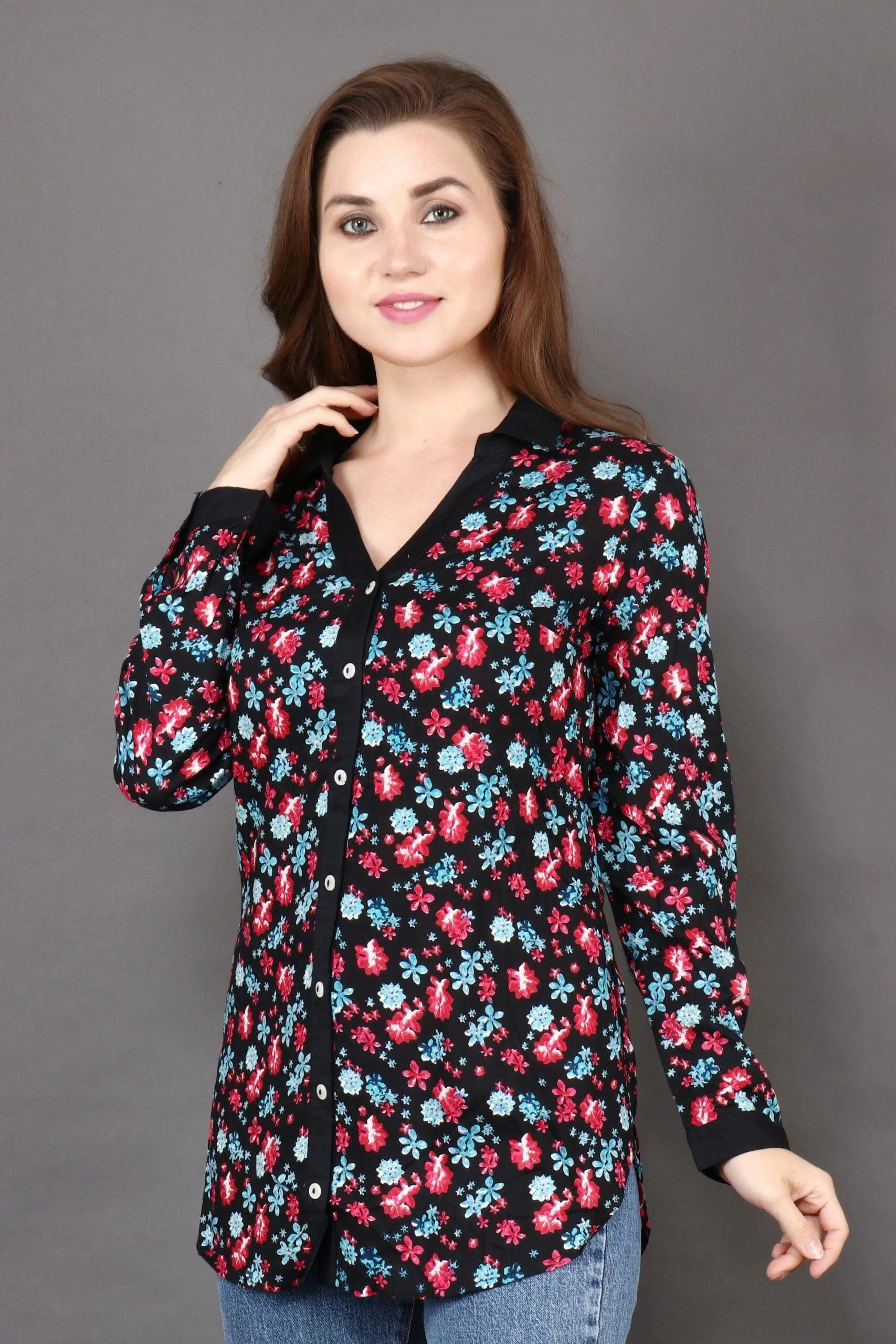 Black Multicolored Floral Printed Shirt