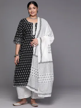 Black Printed Cotton Straight Kurta With Palazzos & Dupatta