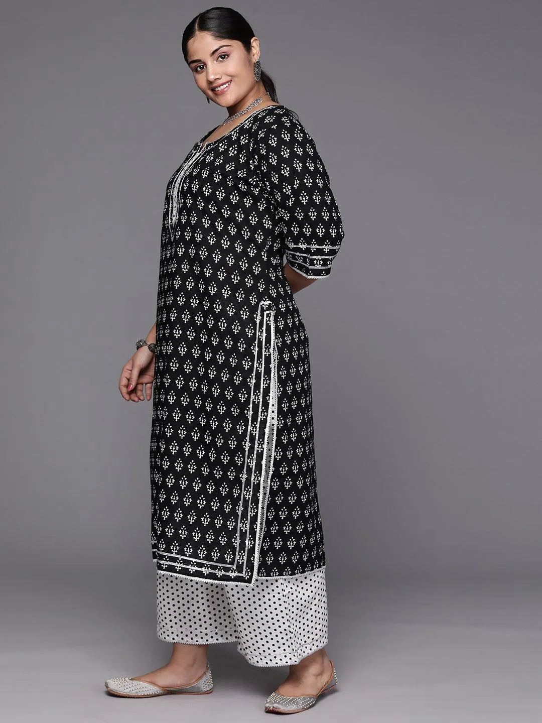 Black Printed Cotton Straight Kurta With Palazzos & Dupatta