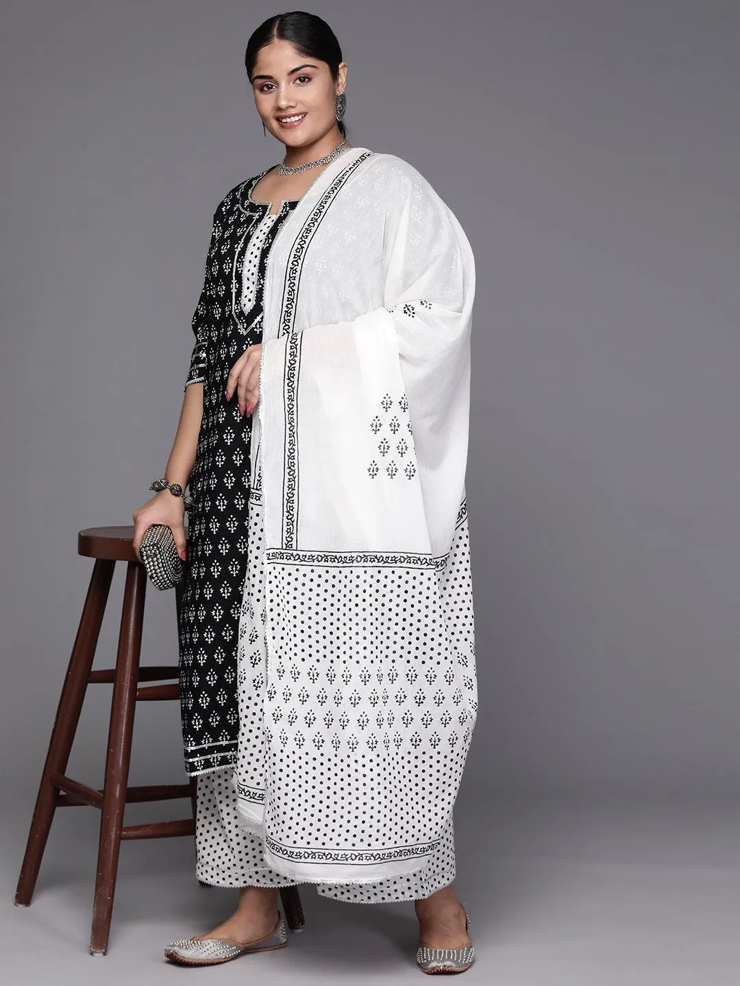 Black Printed Cotton Straight Kurta With Palazzos & Dupatta