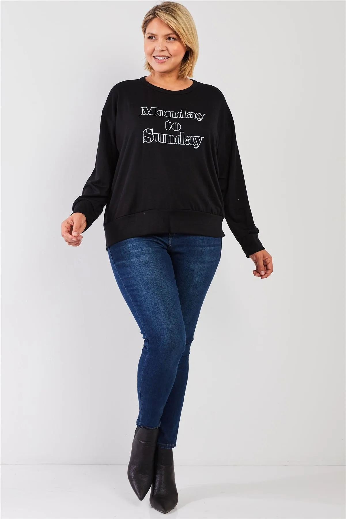 Black "Monday Sunday" Print Long Sleeve Relaxed Sweatshirt Top /3-2-1