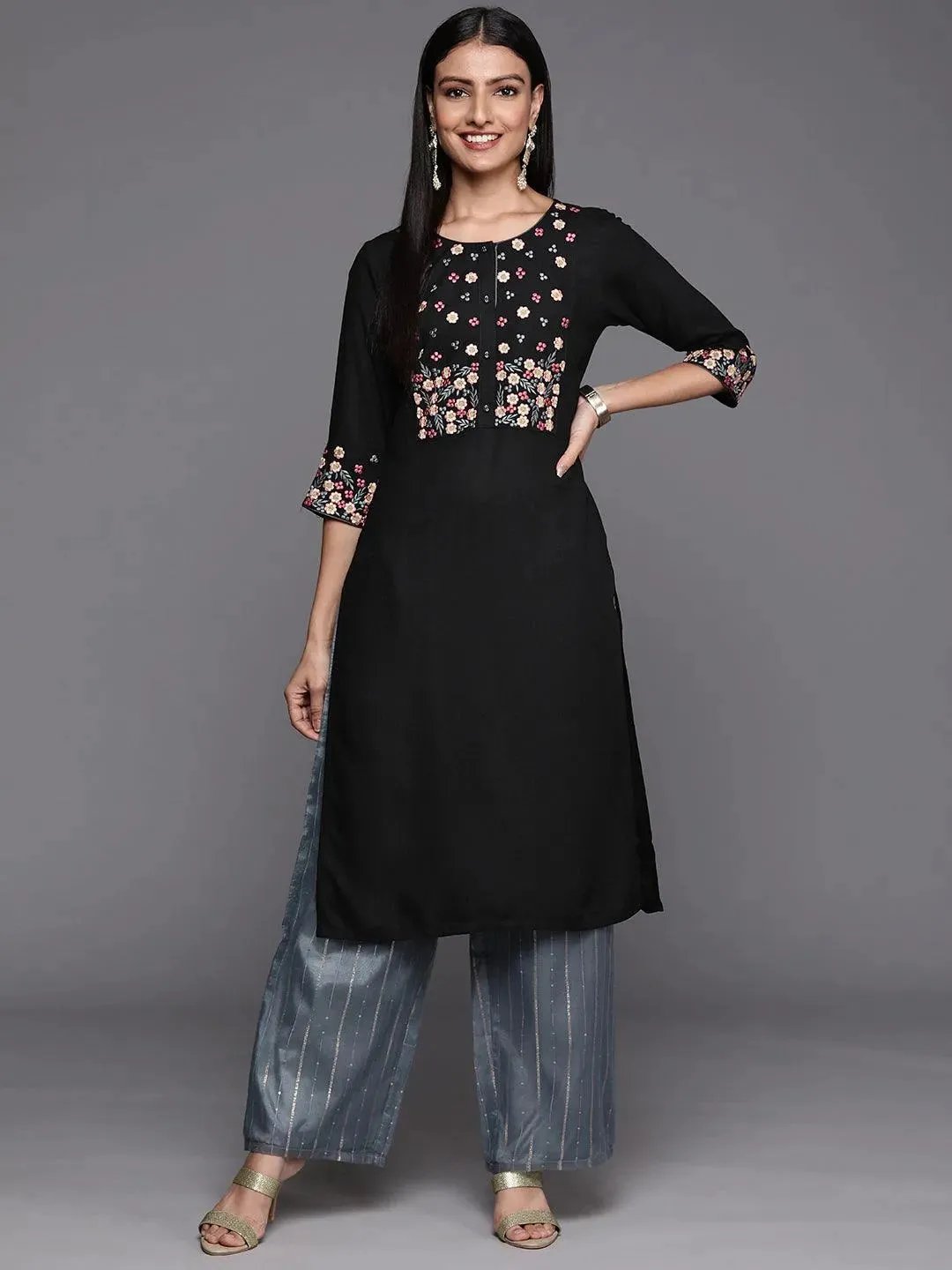 Black Yoke Design Rayon Straight Kurta