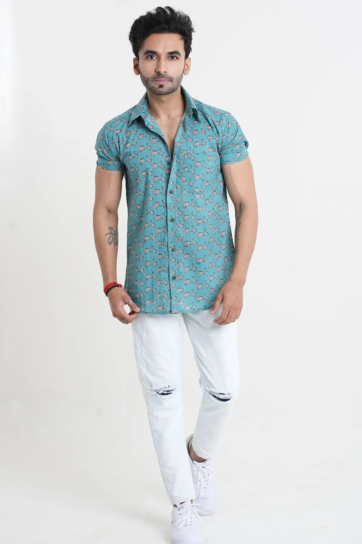 Blue Scooter Print Cotton Shirt, Half Sleeves | Style Matters