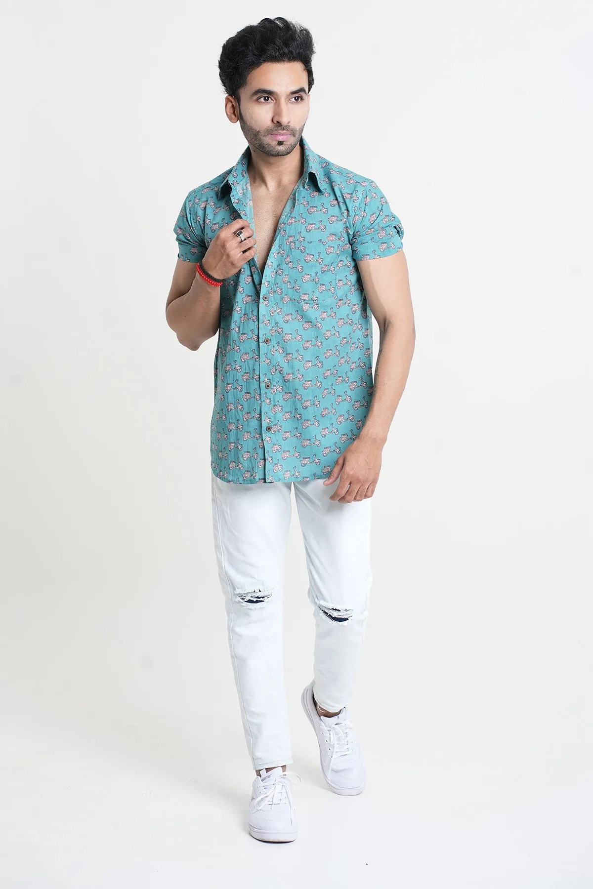 Blue Scooter Print Cotton Shirt, Half Sleeves | Style Matters