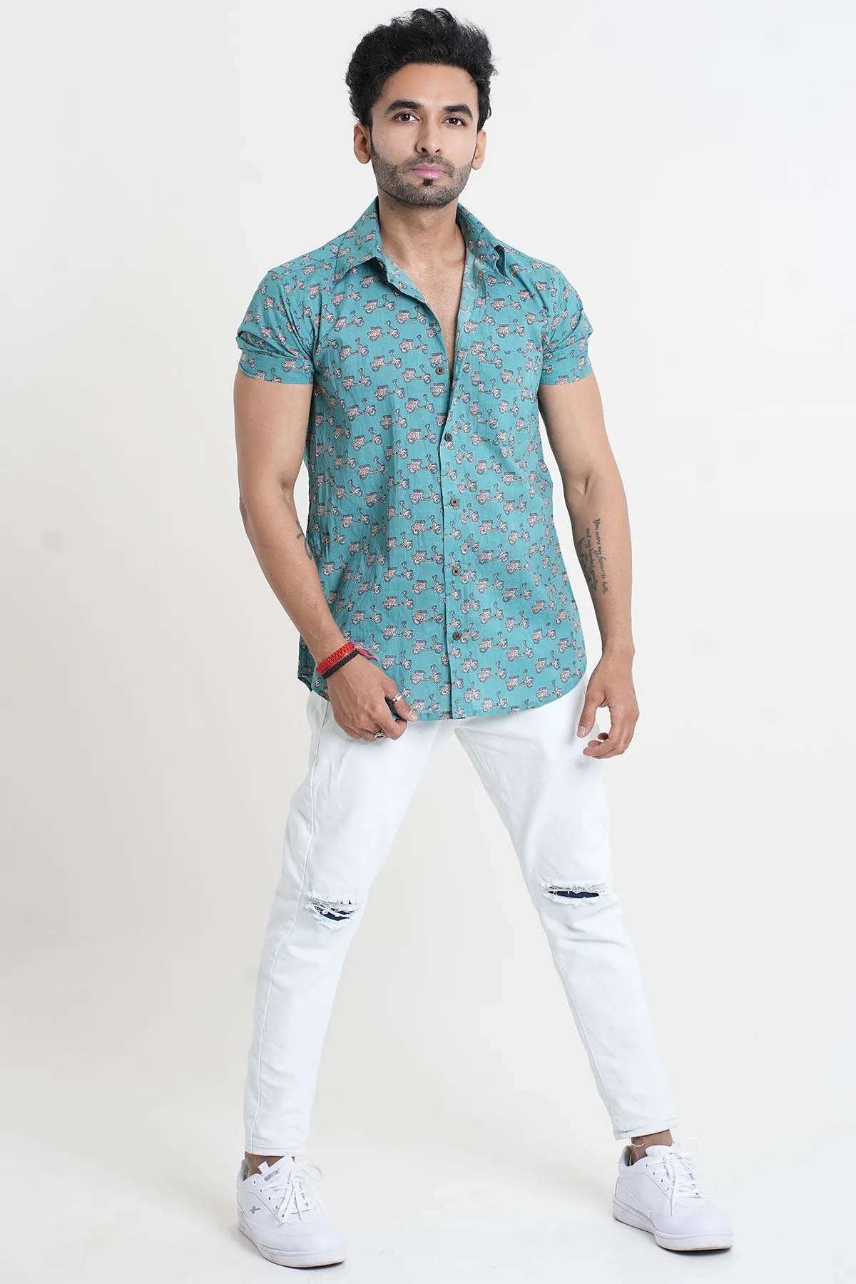 Blue Scooter Print Cotton Shirt, Half Sleeves | Style Matters