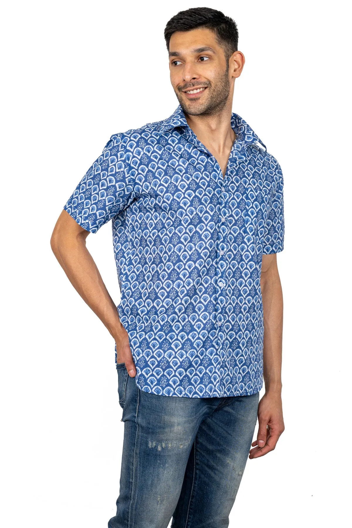 Blue White Fan Print Cotton Shirt, Half Sleeves | Style Matters