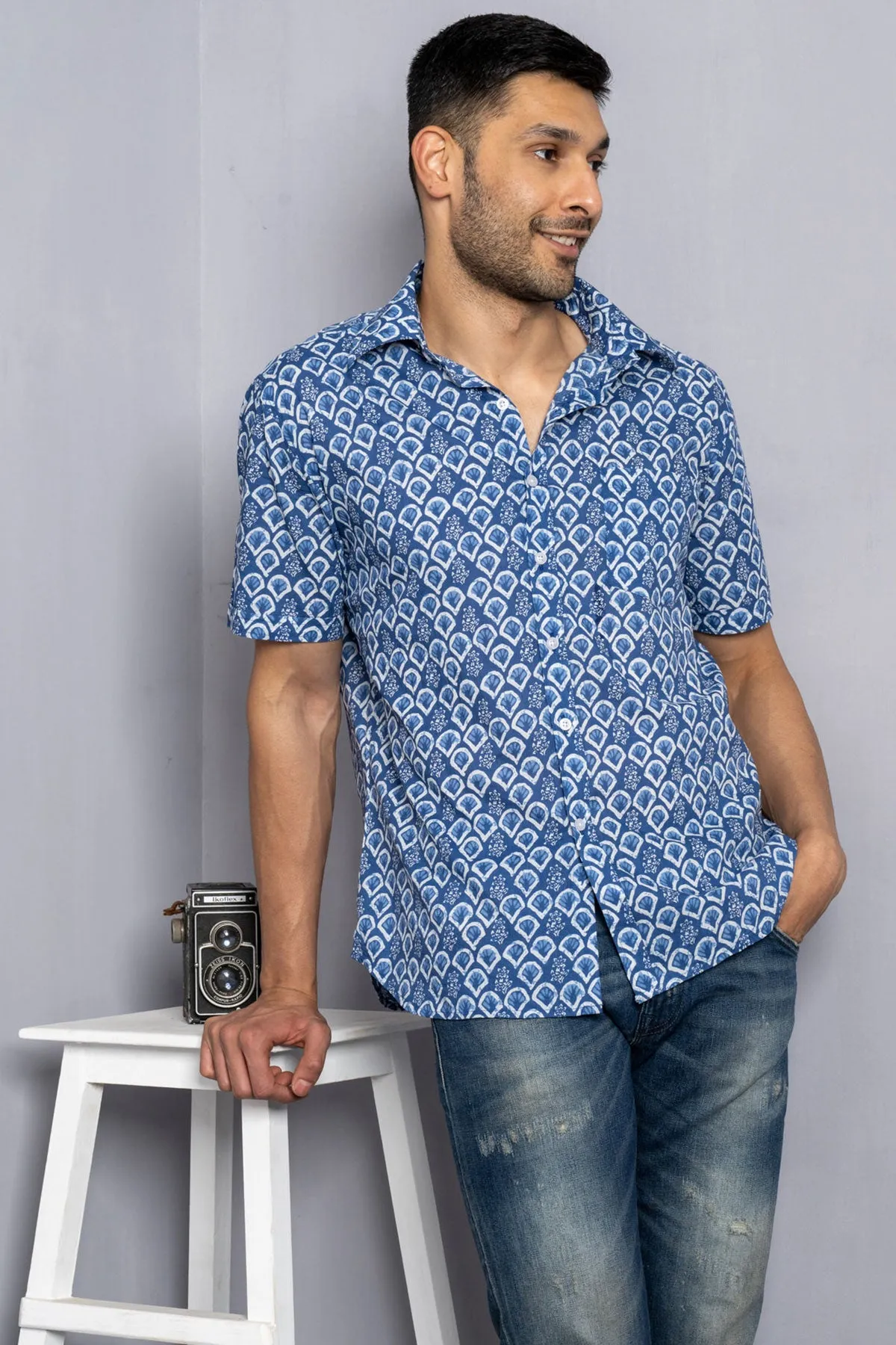 Blue White Fan Print Cotton Shirt, Half Sleeves | Style Matters