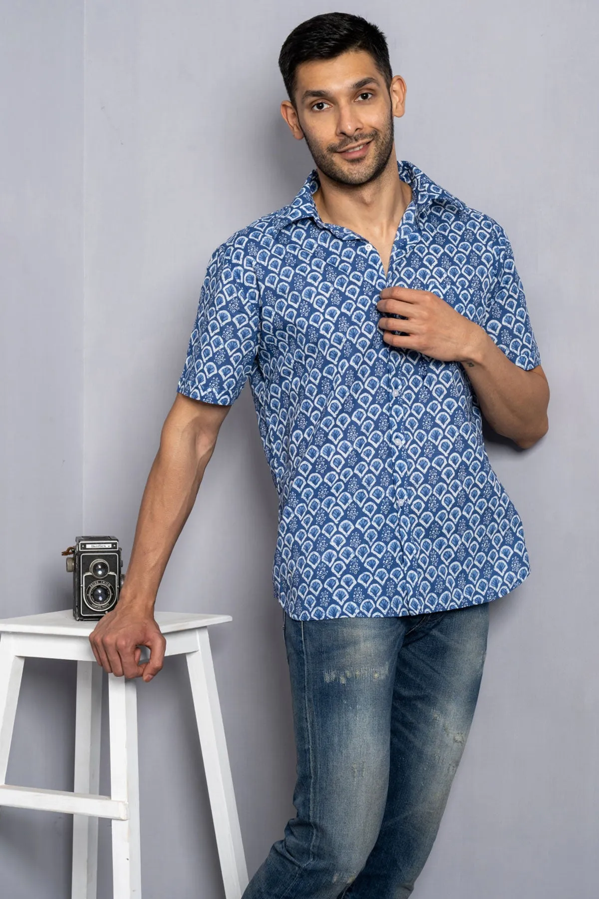 Blue White Fan Print Cotton Shirt, Half Sleeves | Style Matters