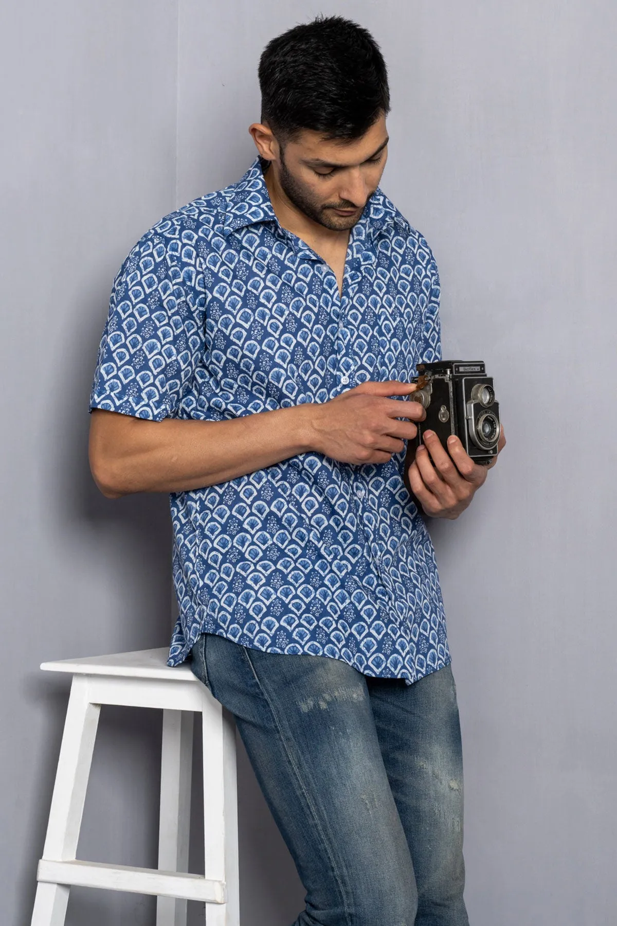 Blue White Fan Print Cotton Shirt, Half Sleeves | Style Matters