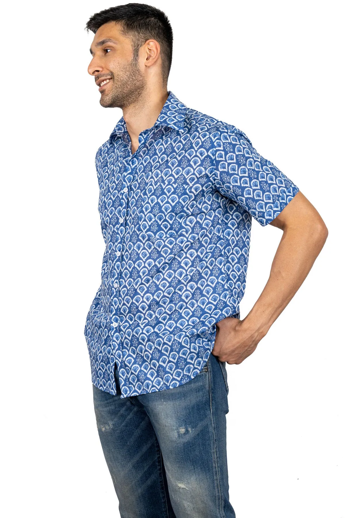 Blue White Fan Print Cotton Shirt, Half Sleeves | Style Matters