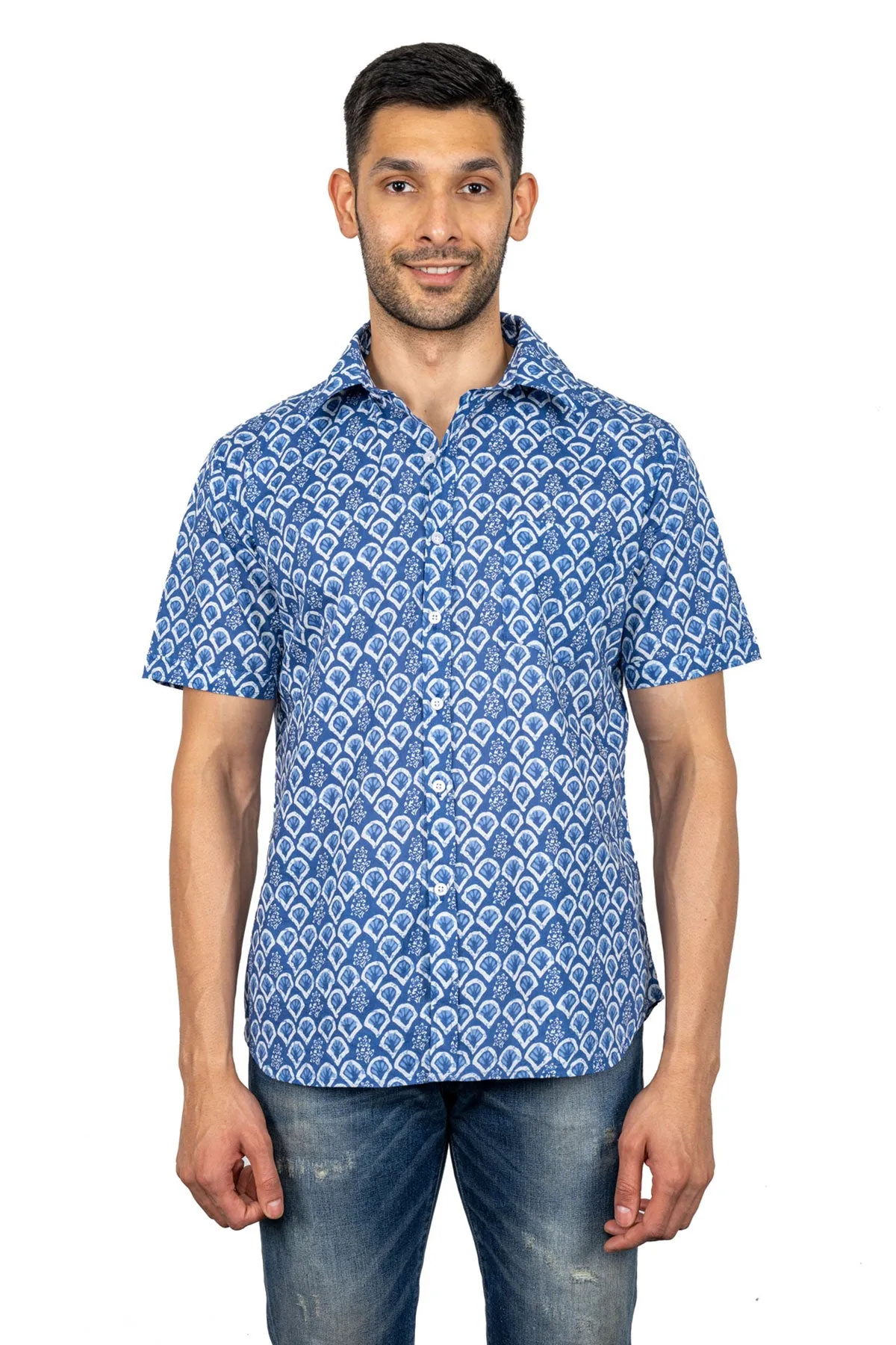 Blue White Fan Print Cotton Shirt, Half Sleeves | Style Matters