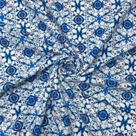 Blue/Red Abstract Floral on White Lycra Spandex Fabric