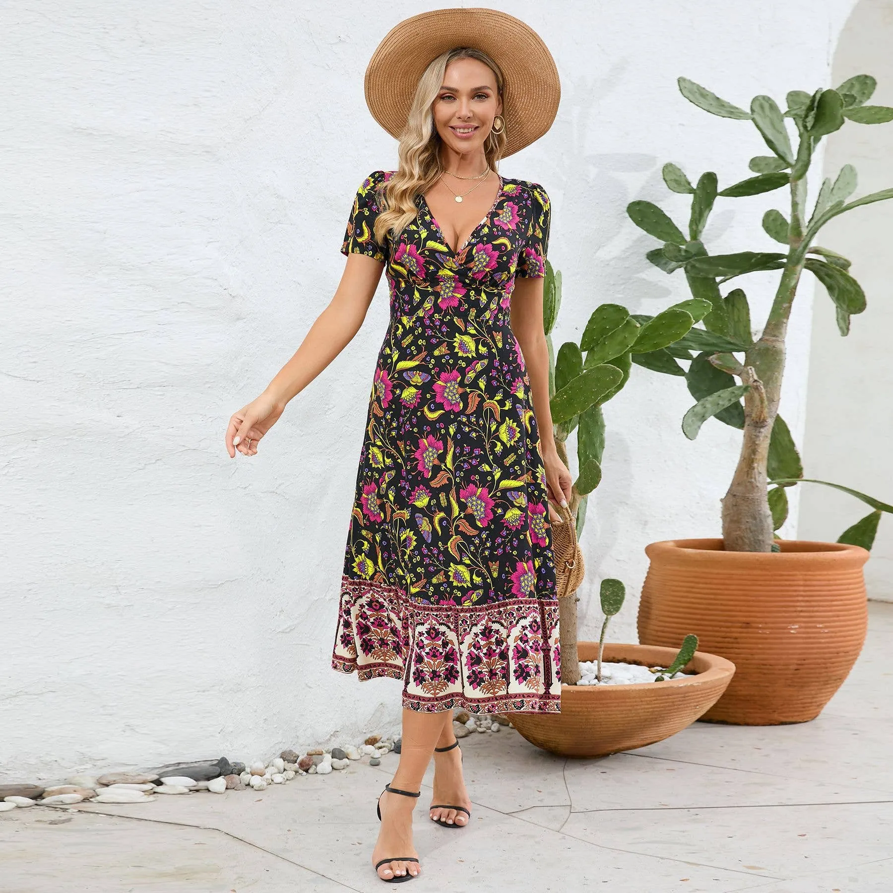 BOHO DEEP V FLORAL DRESS_CWDMD1577