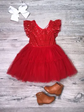 Bright Red Sequin Short Sleeve Chiffon Girls Special Occasion Tutu Dress