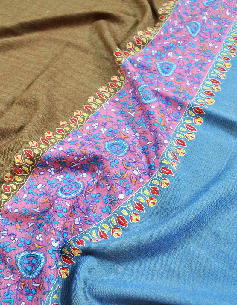 brown and blue embroidery pashmina shawl 8599