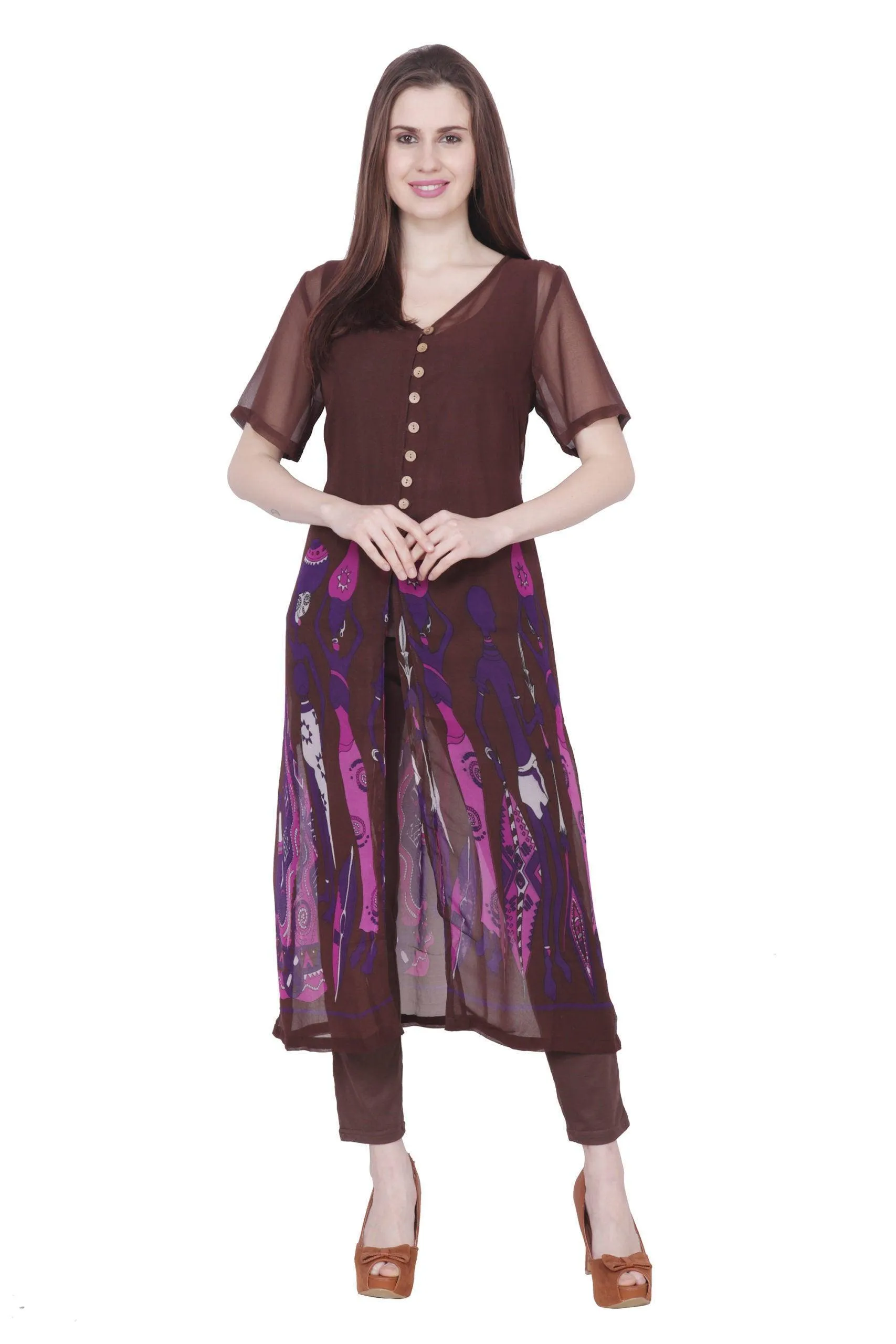 Brown Tribal Border Printed Kurti with Leggings Set