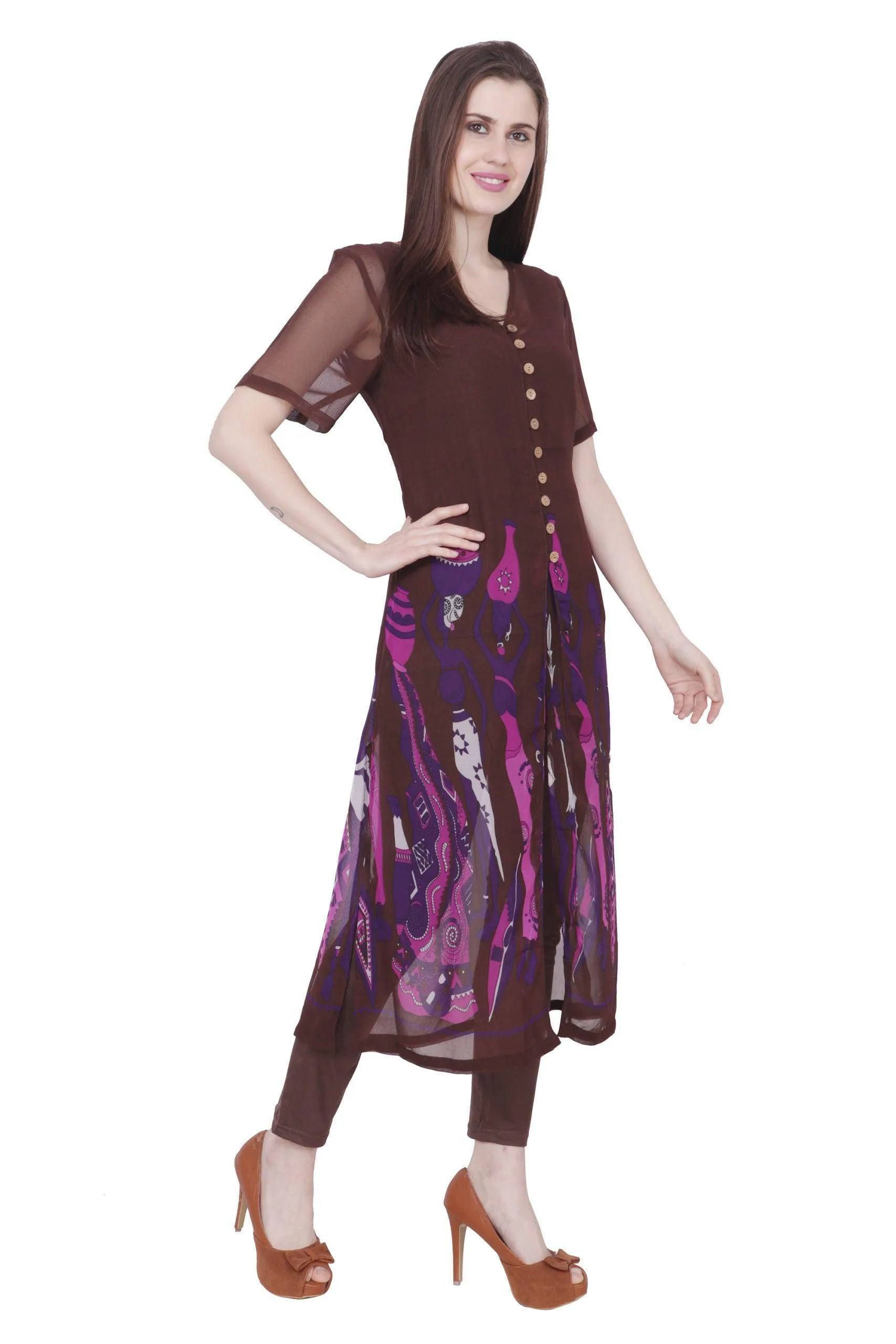 Brown Tribal Border Printed Kurti with Leggings Set