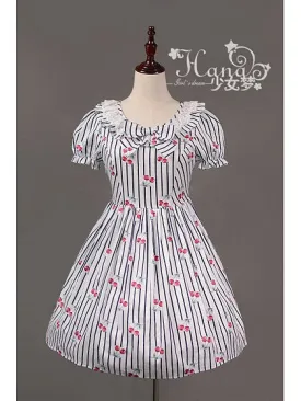 Cherry Stripe Ruffle Collar One Piece in White