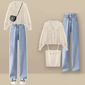 Chic Cable Knit Top Cardigan Sweater Denim Pants Three Piece Set