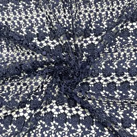 Classic Blue Floral Pearl Embroidery Crochet Fabric