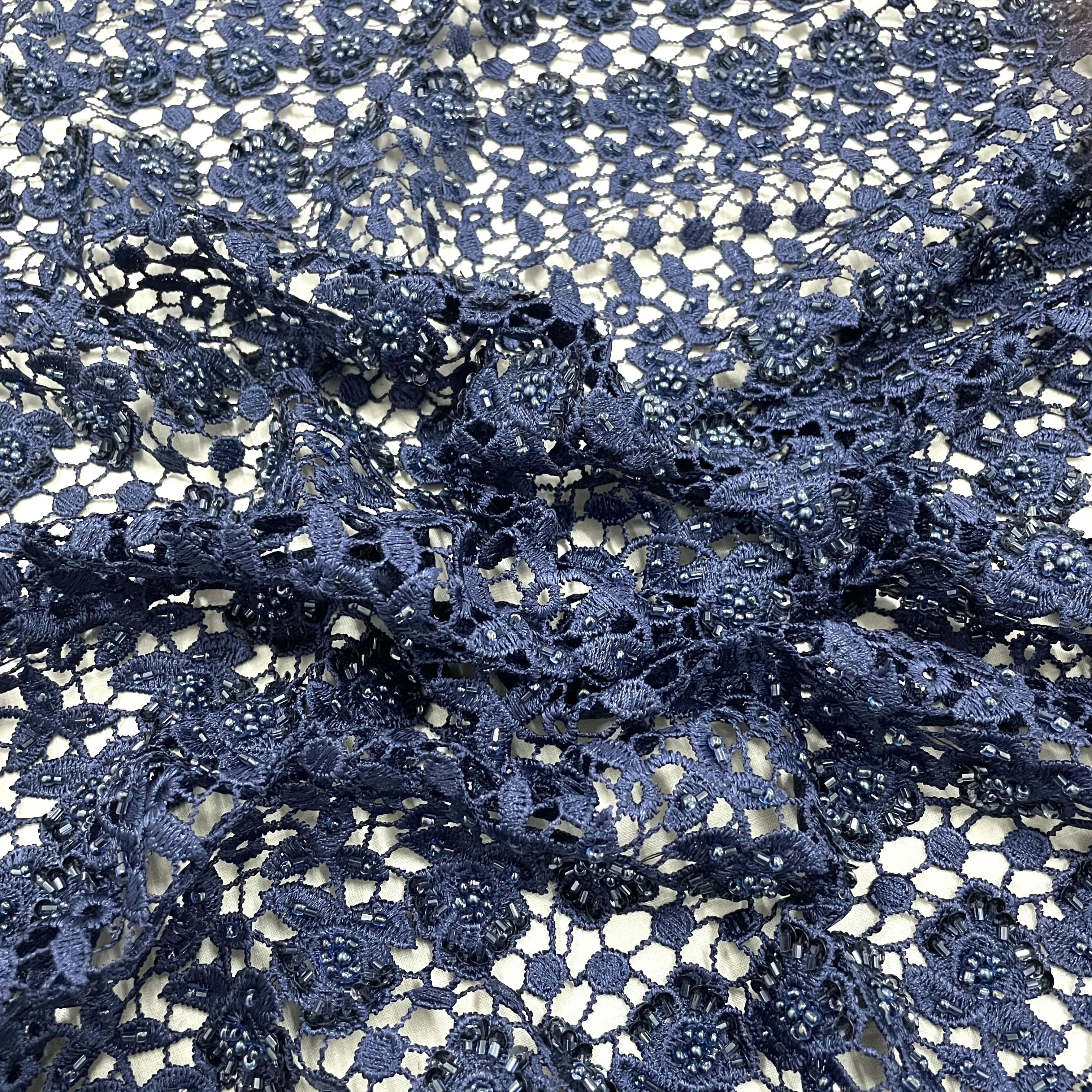 Classic Blue Floral Pearl Embroidery Crochet Fabric