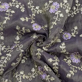 Classic Purple Floral Zari Embroidery Tissue Organza Fabric