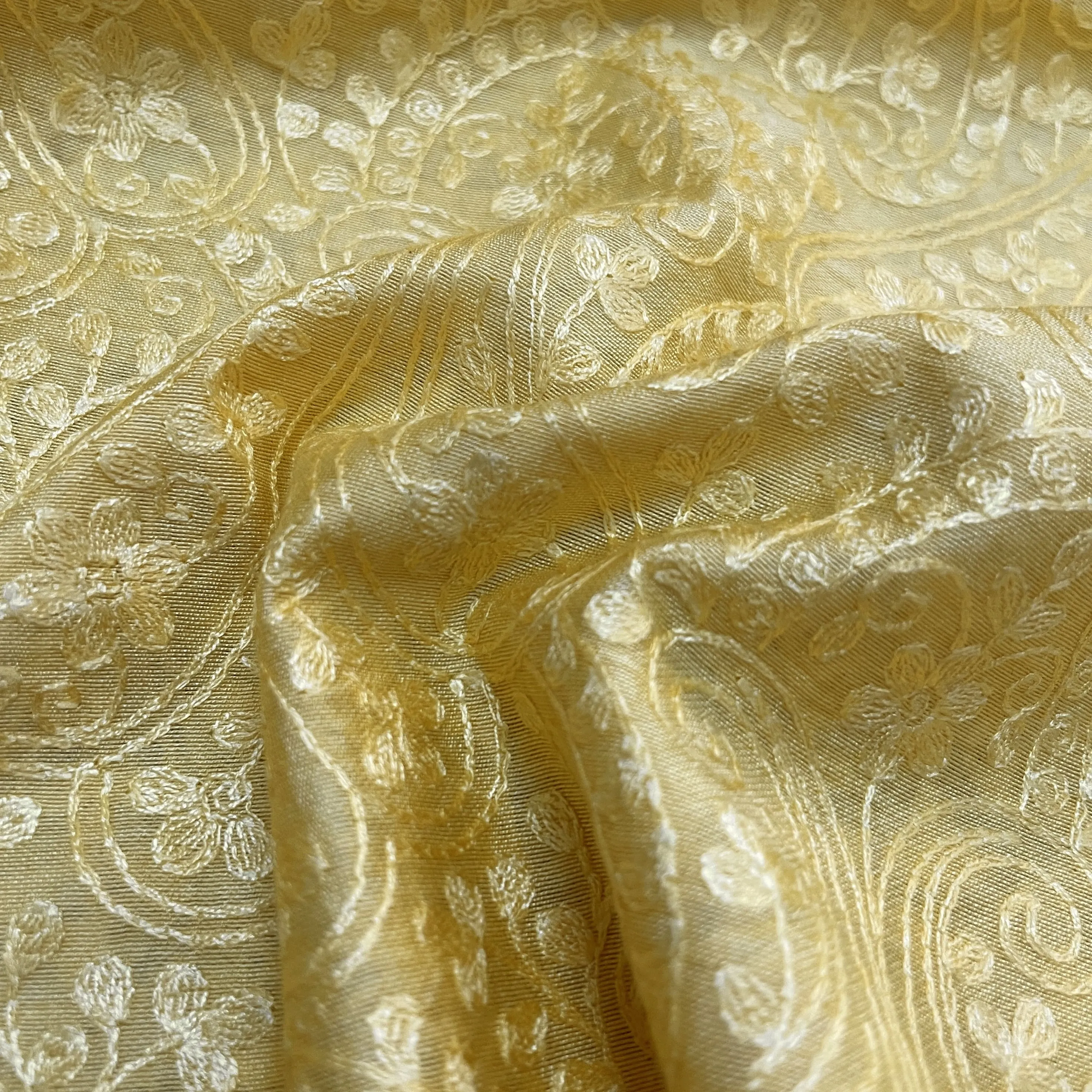 Classic Yellow Traditional Thread Embroidery Bemberg Silk Fabric