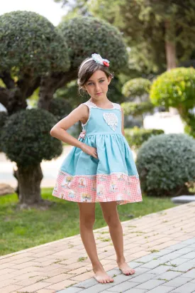 CLEARANCE SALE - Abuela Tata SS24 - Girls Turquoise Blue Dress with Printed Hem 352