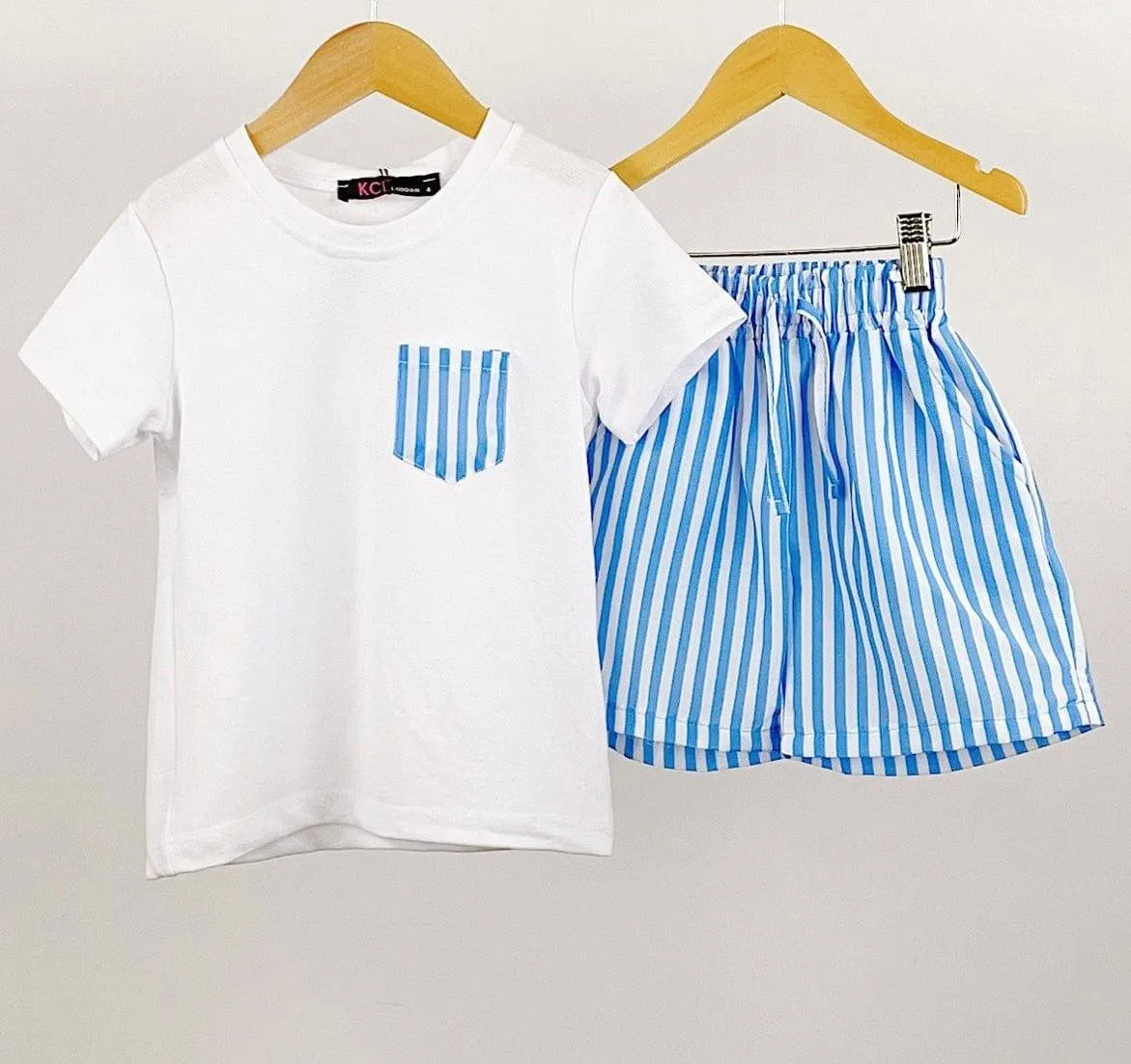 CLEARANCE SALE - Boys White and Blue Stripe Shorts & T-Shirt Set