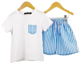 CLEARANCE SALE - Boys White and Blue Stripe Shorts & T-Shirt Set