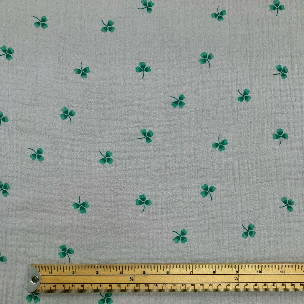 Clovers on Light Grey Double Gauze Fabric