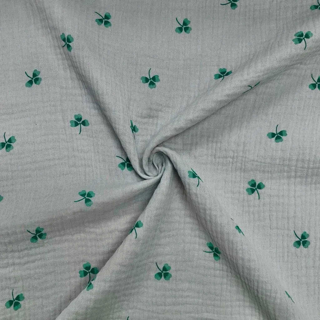 Clovers on Light Grey Double Gauze Fabric