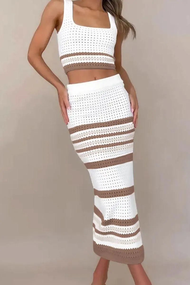 COLOR STRIPED CORP TOP AND SLIT SKIRT SET