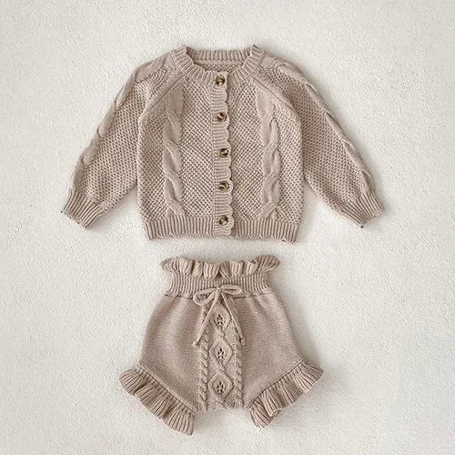 Cozy Knit Patterned Cardigan and Romper Set for Girls