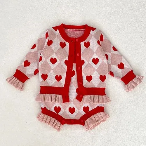 Cozy Knit Patterned Cardigan and Romper Set for Girls