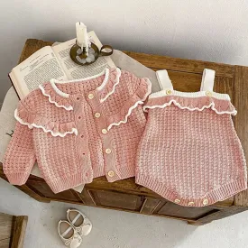 Cozy Knit Patterned Cardigan and Romper Set for Girls