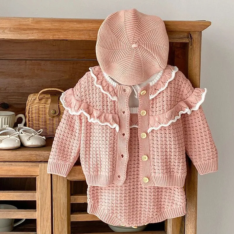 Cozy Knit Patterned Cardigan and Romper Set for Girls