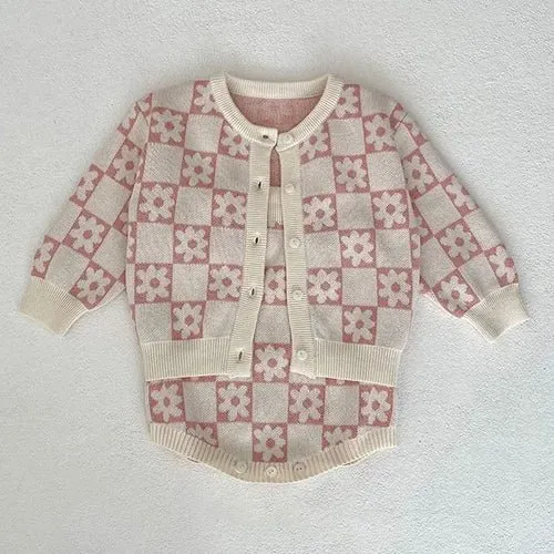 Cozy Knit Patterned Cardigan and Romper Set for Girls