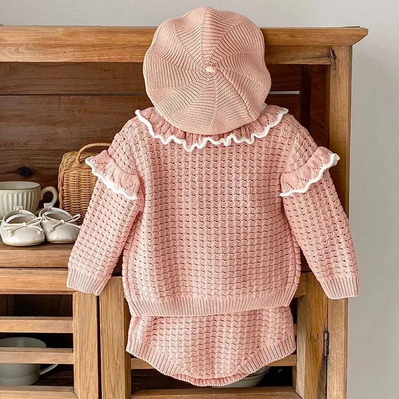 Cozy Knit Patterned Cardigan and Romper Set for Girls