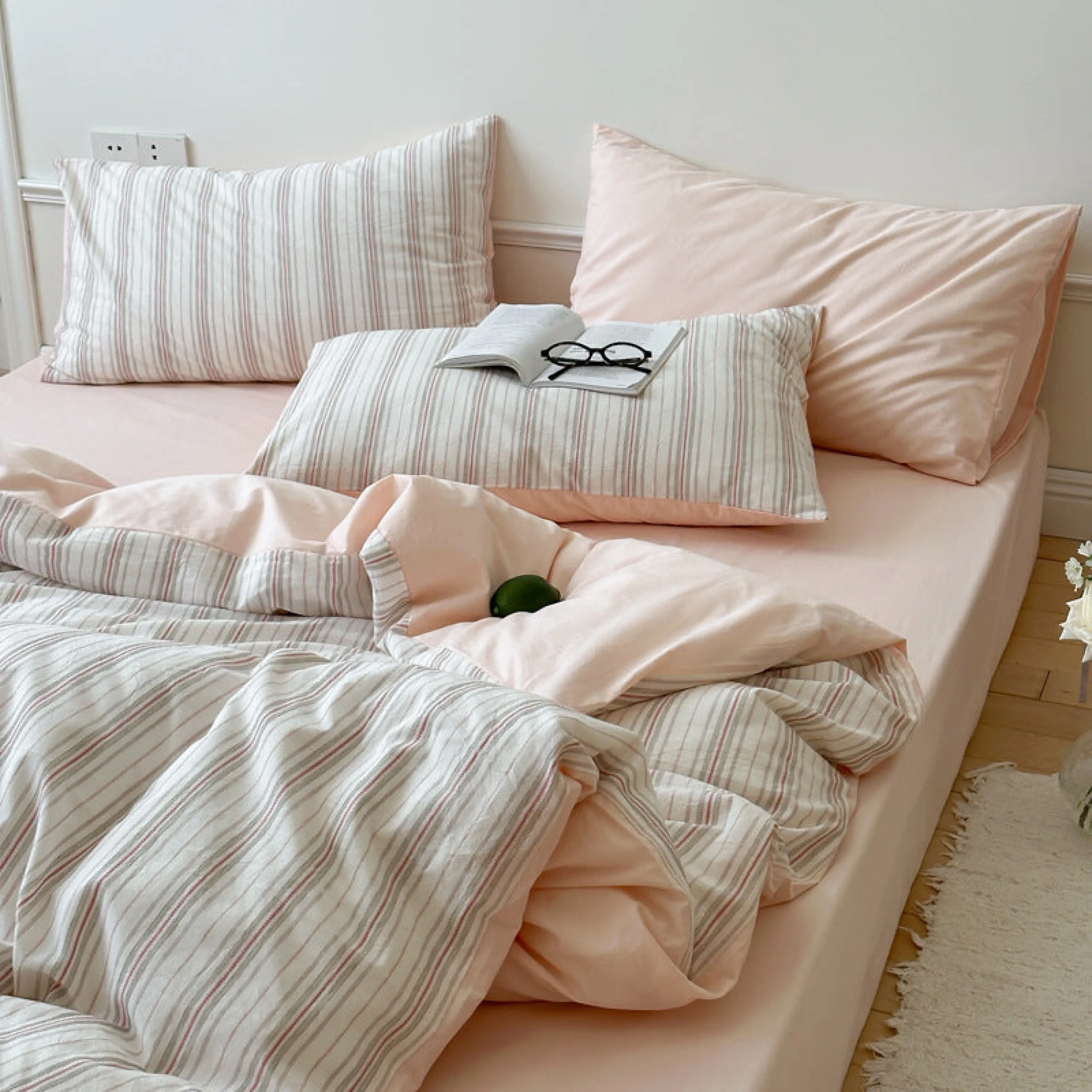 Cozy Pastel Striped Washed Cotton Pillowcases / Pink