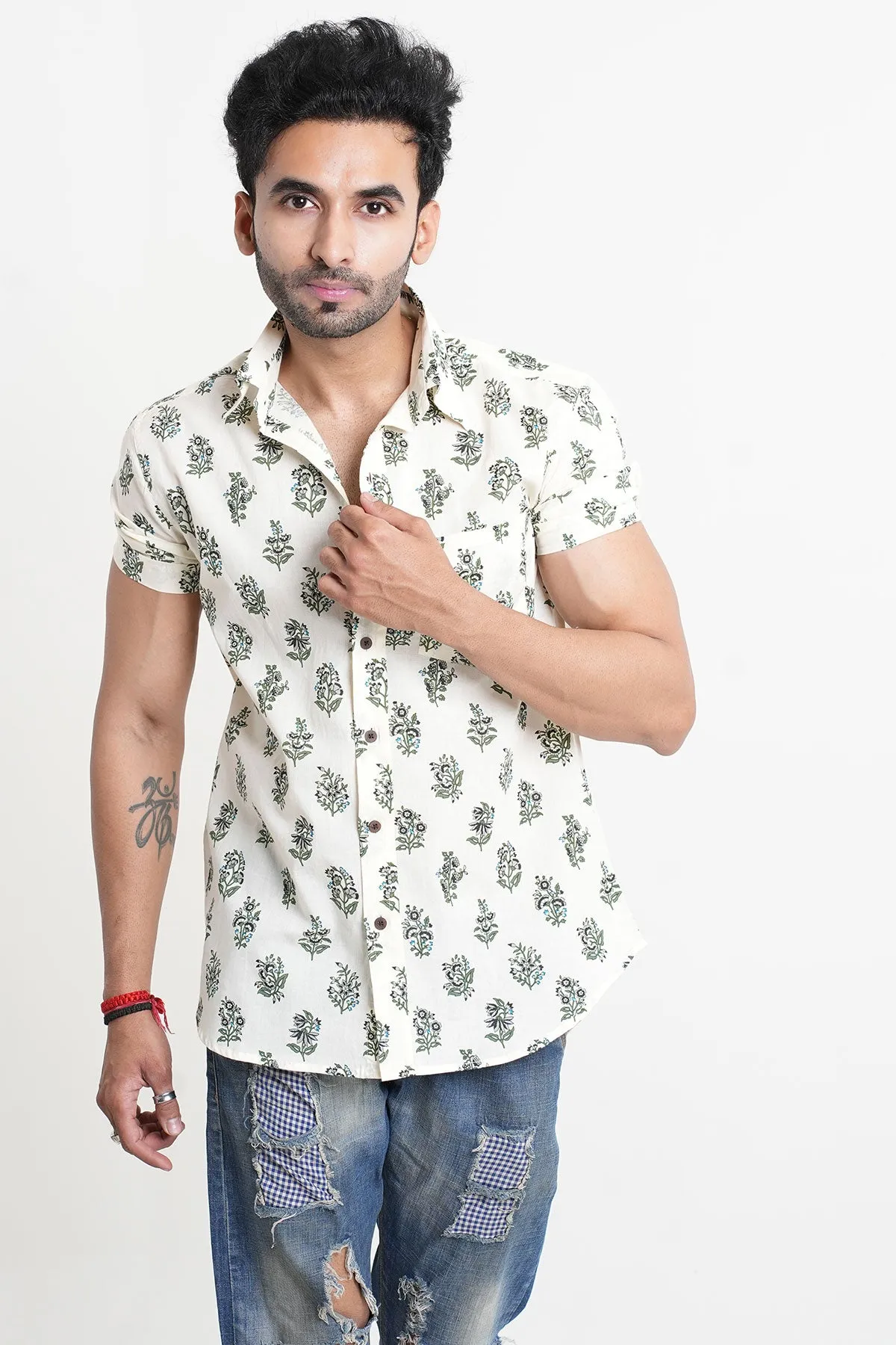 Cream Shirt with Green Flower Print Half Sleeves | Style Matters