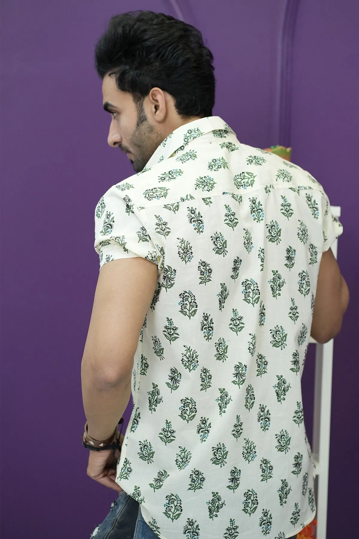 Cream Shirt with Green Flower Print Half Sleeves | Style Matters