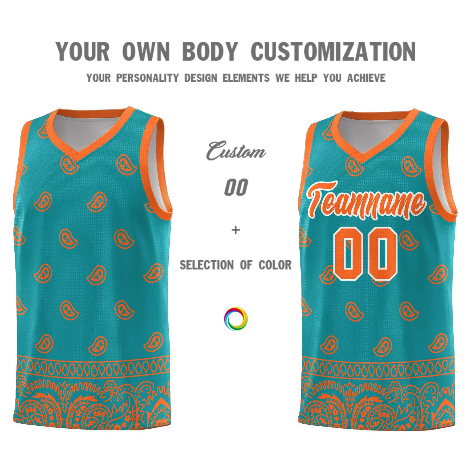 Custom Aqua Orange Personalized Cashew Pattern Sports Uniform Basketball Jersey