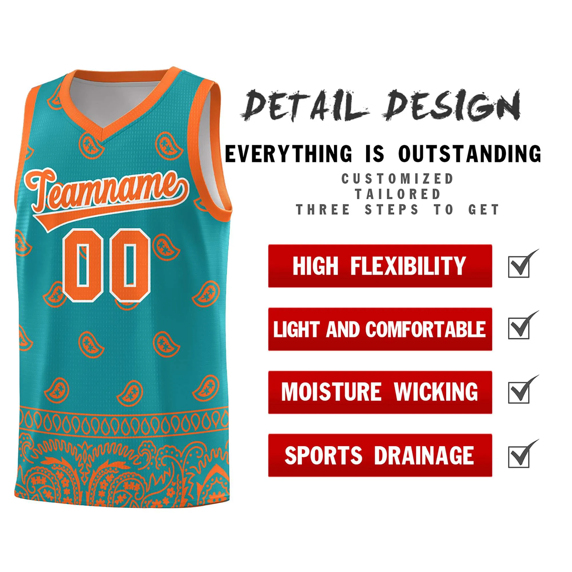 Custom Aqua Orange Personalized Cashew Pattern Sports Uniform Basketball Jersey