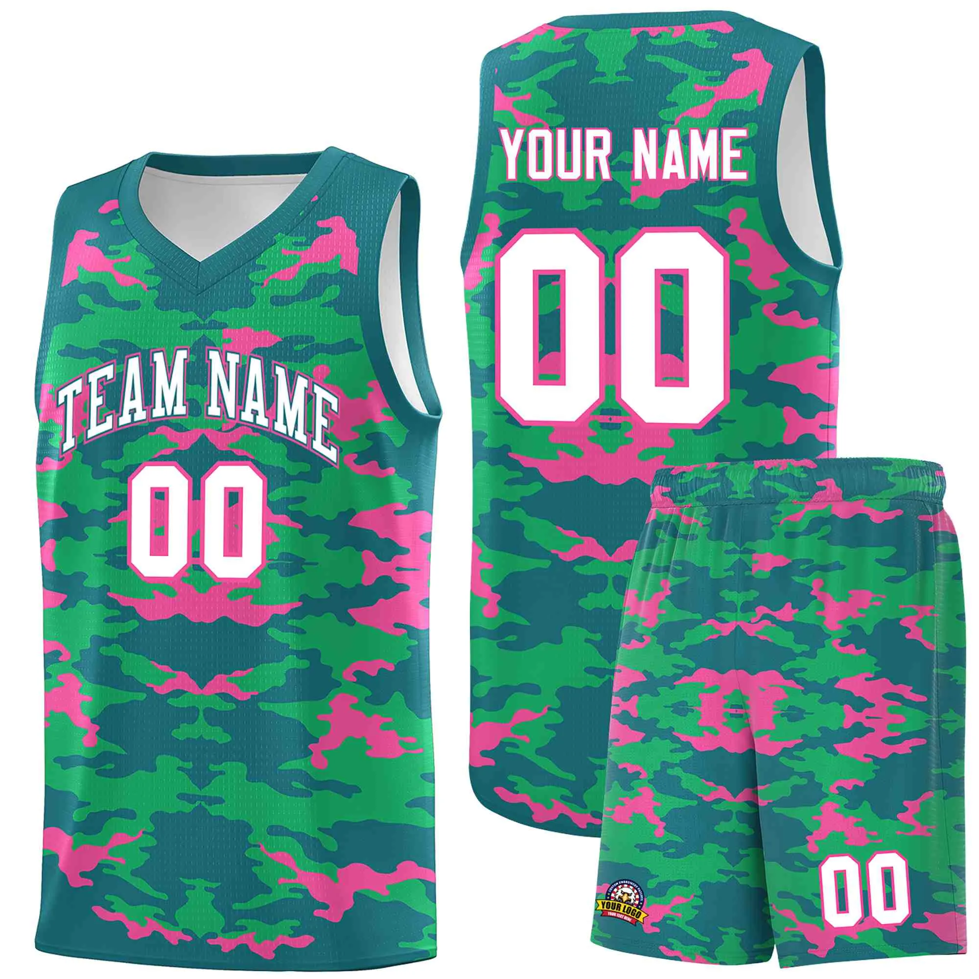 Custom Aqua Pink-Light Green Personalized Camo Sets Sports Uniform Basketball Jersey