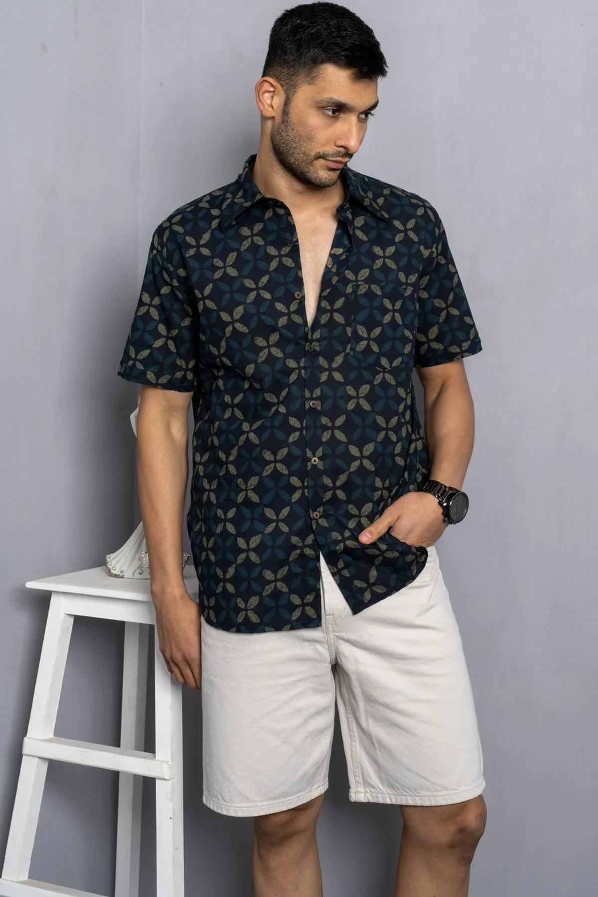 Dark blue leaf print cotton shirt half sleeves