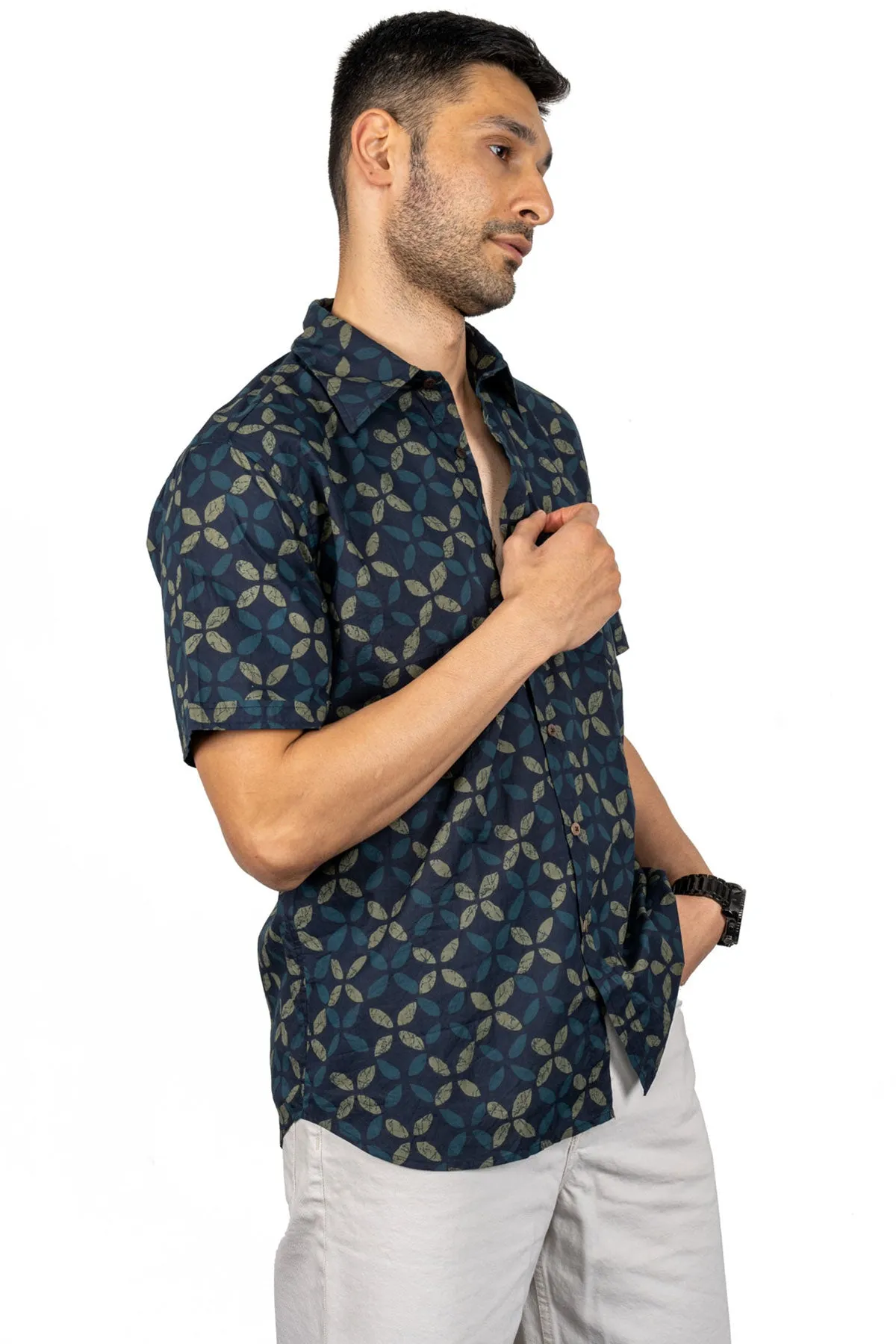 Dark blue leaf print cotton shirt half sleeves